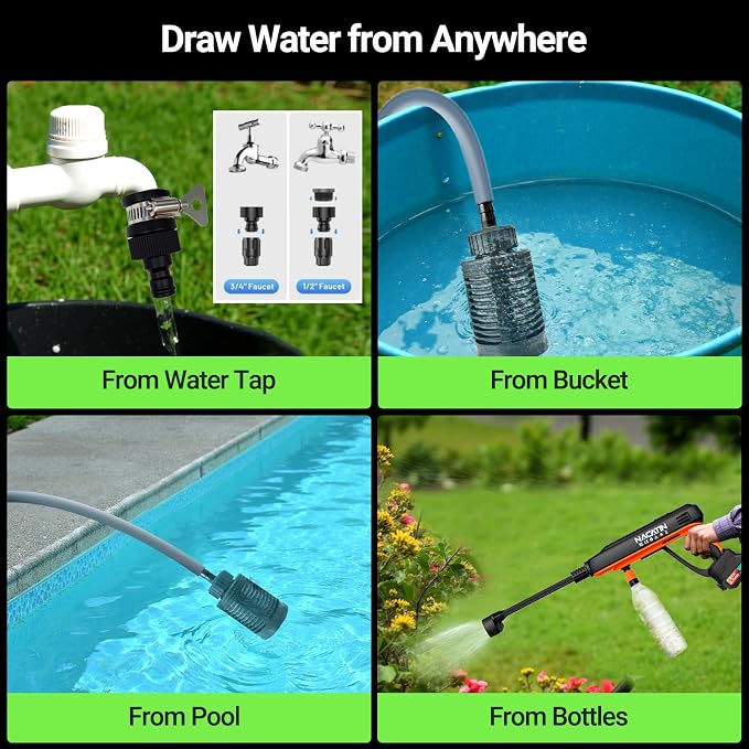 Cordless Washer, 3 Gear Brushless Washer for Car Washing, Patio, Fence, Driveway, Outdoor Cleaning, with 2 Batteries, 6 in 1 Nozzle, 6 Meter Hose, Tap Adapter