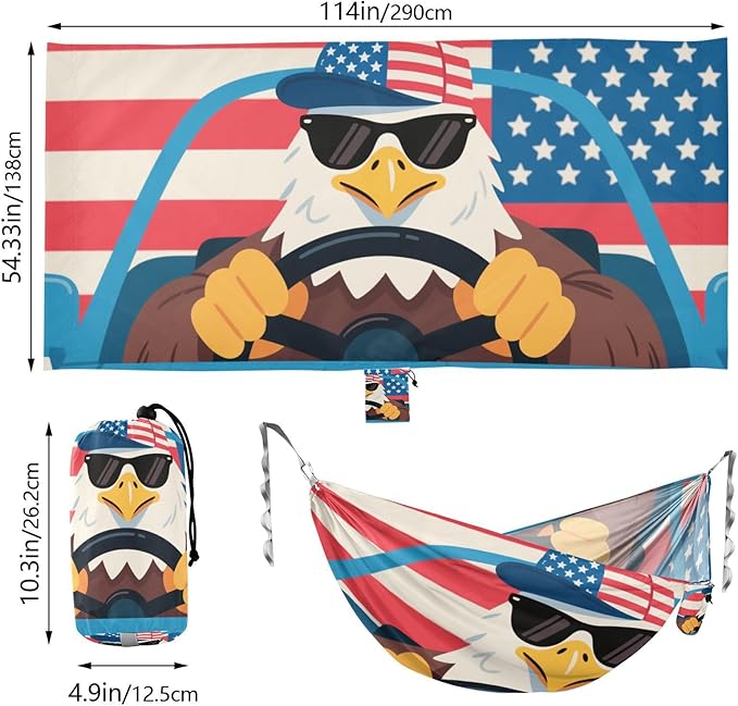 Cartoon Cute Brown Bird 4th of July Independence Day 330lb Capacity Outdoor Hammock with Portabl Carry Bag Portable Hammock for Outside Patio Garden macas mexicanas de Patio para Adulto