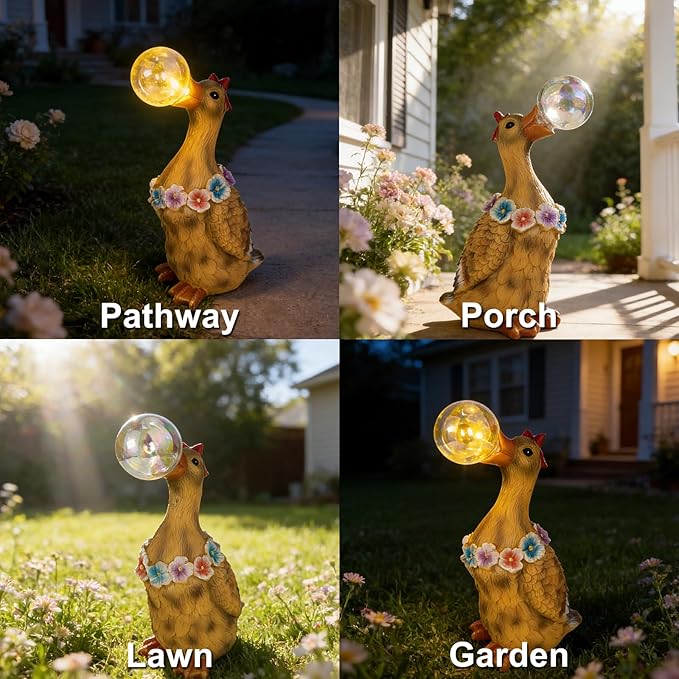 Porch Goose Statue with Solar Bubble Light Garden Yellow Figurine Decor for Yard Lawn Patio Outdoor Decorations Housewarming Gifts for Mom Grandma Women