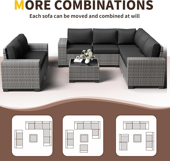 Outdoor Patio Furniture Set, 8‘’ Wide armrest Outdoor Sectional Rattan Sofa Set, Wicker Patio Furniture Sets w/Coffee Table,Thick Cushions for and Cover for Porch, Deck,8 PCS(Grey&Black)
