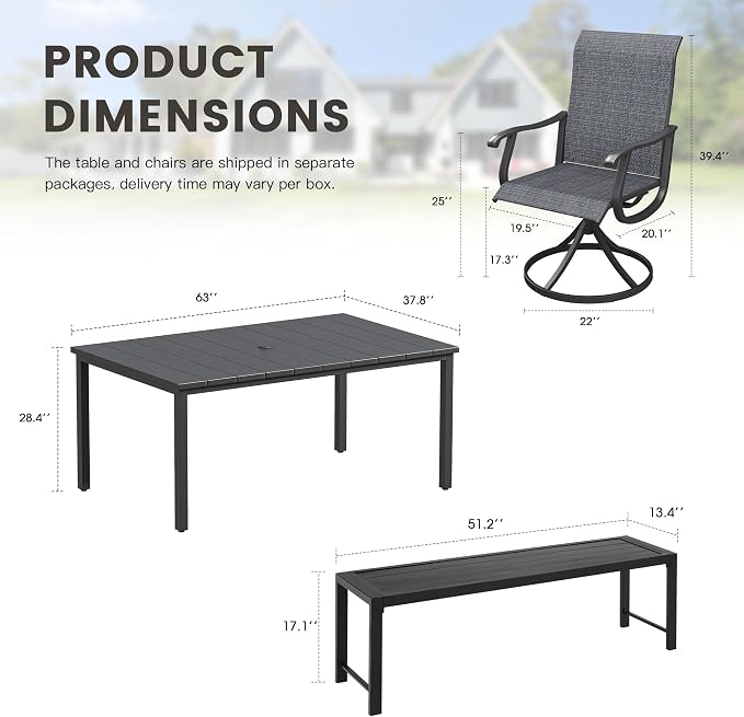 6 Pieces Outdoor Dining Set, Patio Table and Chairs Set with 51" Garden Bench for 6-7 People, 63" Outdoor Dining Table and Swivel Patio Chairs for Deck Backyard, Charcoal and Black