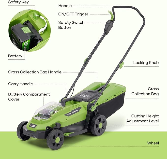 20V Brushless Lawn Mower Cordless,13Inch Electric Lawn Mower with 4.0Ah Battery & Fast Charger, 5 Position Height Adjustment, 8 Gallon Grass Bag, Green