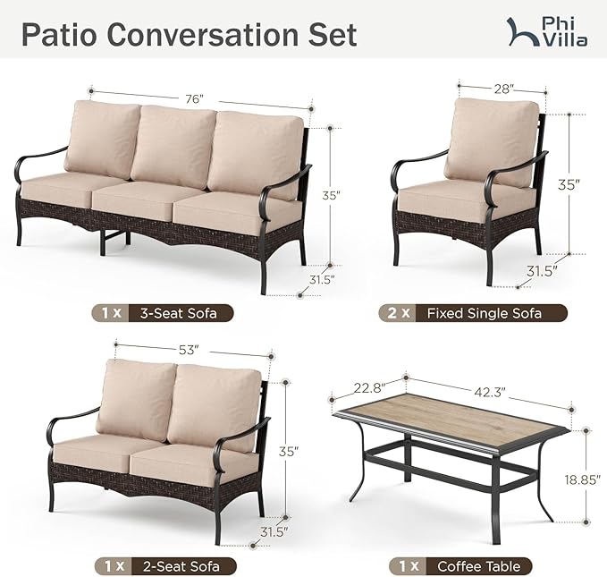 PHI VILLA Outdoor Modern Patio Furniture Set, Upgraded Wicker & Metal Patio Conversation Set with Waterproof Thick Cushions for Porch, Poolside, Yard (5 Pieces,Beige)
