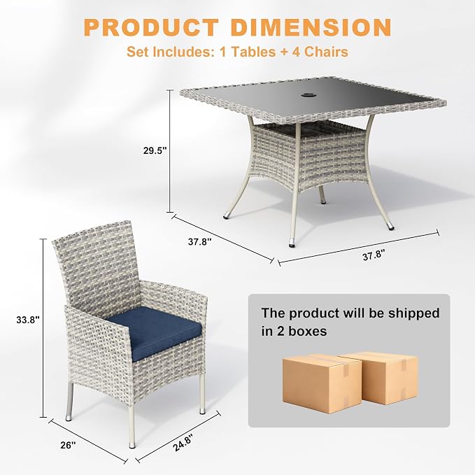 15-Piece Patio Dining Set, Patio Furniture Set with Square Tempered Glass Table & 12 Wicker Chairs, Expandable Design for Larger Groups, Outdoor Furniture for Backyard, Deck, Garden, Navy Blue