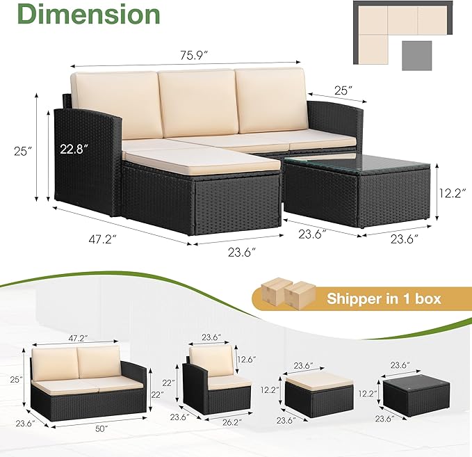 Flamaker Outdoor Patio Furniture Set Wicker Patio Sofa 3 Pieces Conversation Set Rattan sectional Sofa with Adjustable Seat for Balcony Porch Backyard