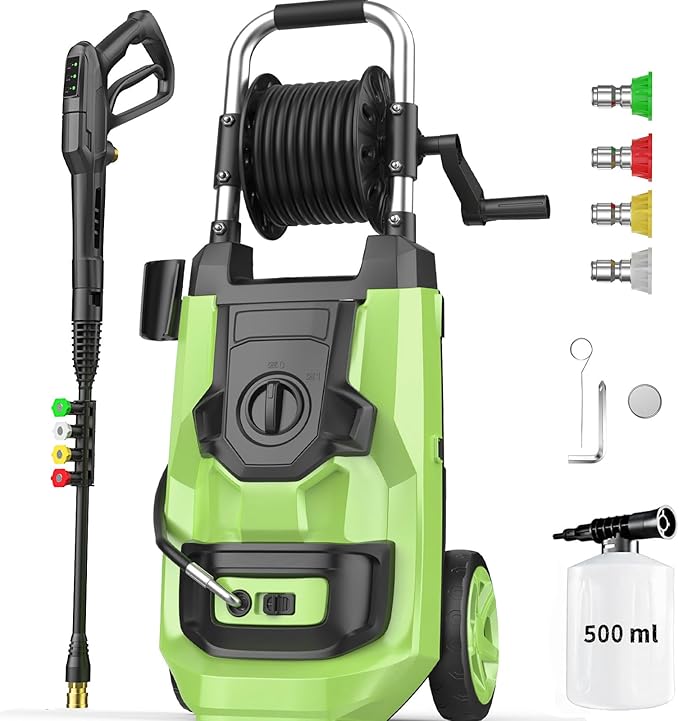 Electric Pressure Washer 5000 PSI Adjustable Pressure, Power Washer Electric Powered with 33ft Pressure Hose, 4 Nozzles and 500ml Foam Cannon, Powerwashers for Home, Green