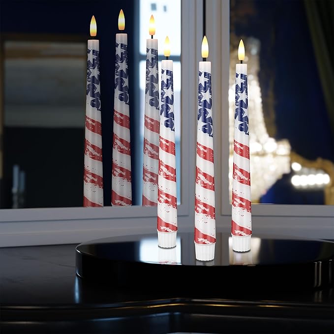 Flameless Patriotic Candles, 9.6" Real Wax 4th of July Led Candles with Remote, 3 Pack Flickering Independence Day Flameless candlesticks for Table, Home, Party Decor
