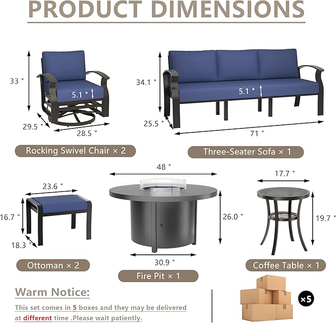 ALAULM Aluminum Patio Furniture Set with Round Propane Fire Pit Table 7-seat Metal Outdoor Furniture w/Swivel Chairs & 2 Ottomans Patio Sectional Sofas for Patio, Lawn, Poolside（DarkBlue