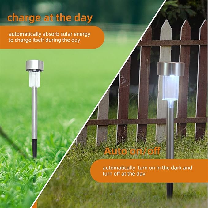 Stainless Steel Outdoor Solar Lights - Waterproof, LED Lawn Lamps Lighting Solar Powered Outdoor Lights Solar Garden Lights for Pathway Patio Yard (10pcs-White & Silver)