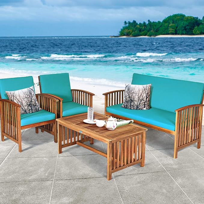 Tangkula 8 PCS Outdoor Acacia Wood Sofa Set w/Water Resistant Cushions, Padded Patio Seating Chat Set w/Coffee Table for Garden, Backyard, Poolside (2, Turquoise)