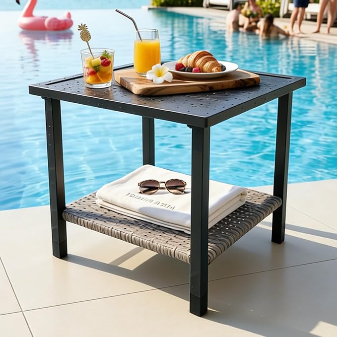 COOS BAY Sunset Haven Outdoor Patio Side Table, Square Outdoor Coffee Table with Double-Tier Storage, Wicker Patio End Table, 18.1"x18.1"x18.5", Brown