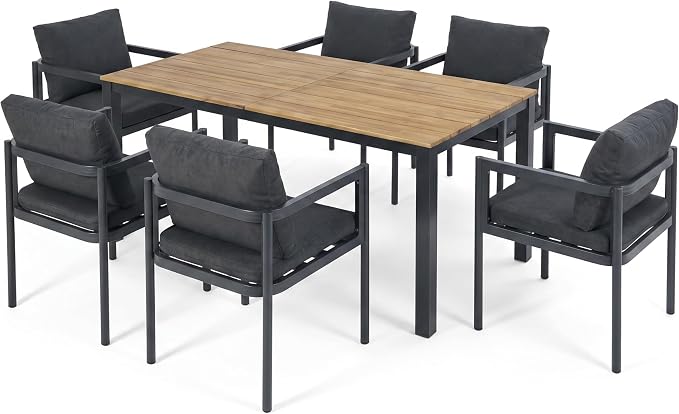 Christopher Knight Home Yoshi Acacia Wood Outdoor Dining Set for 6, 7 Piece Patio Dining Table and Chair Set, Metal Outdoor Dining Armchair and Table Set with Removable Cushion, Black+Grey+Teak