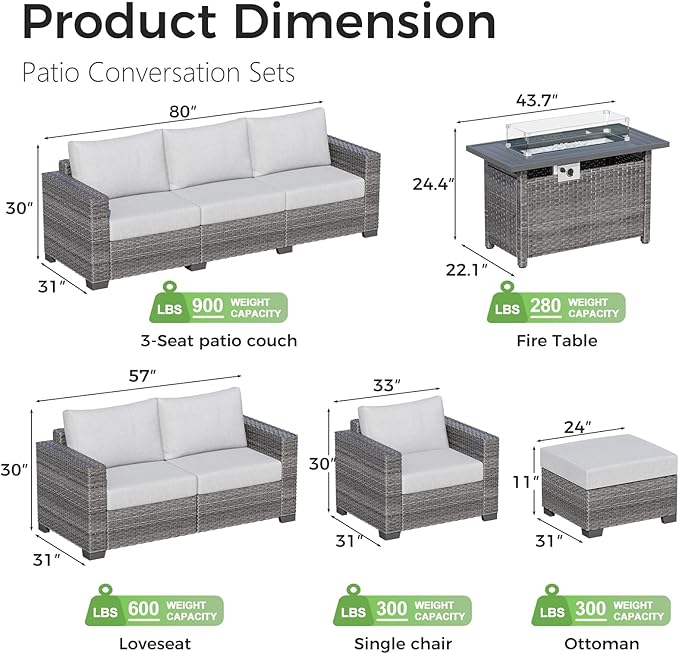 WACASA 7 Piece Patio Furniture Set with Fire Pit Table, Outdoor Patio Sectional Sofa Couch with Washable Cover, Natural Rattan Weave Conversation Set for Garden Outdoor