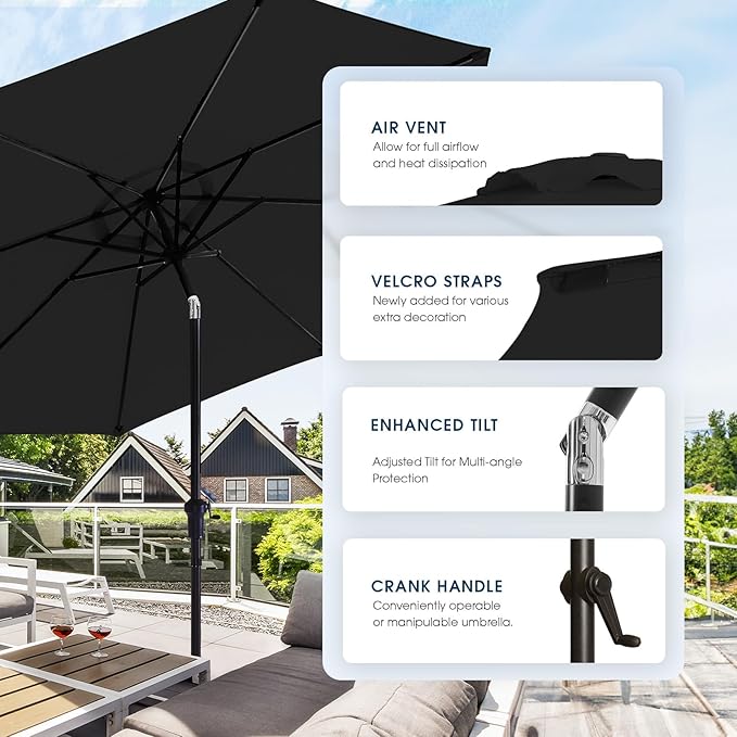 wikiwiki 9FT Patio Umbrella with Base, Outdoor Umbrellas with Base Included, 8 Sturdy Ribs, Waterproof Fade Resistant POLYESTER DTY Canopy for Deck, Lawn, Garden, Backyard & Pool, Black