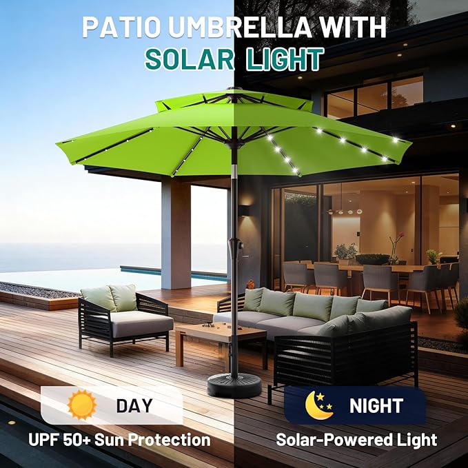 AreShark 9ft 2 Tiers Patio Umbrella with Solar Lights, Outdoor Umbrella w/ 32 LED Lights&8 Sturdy Ribs, Table Umbrella for Deck, Backyard, Pool(Apple Green)
