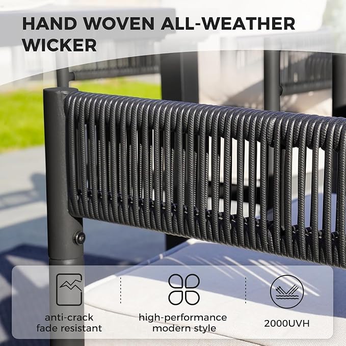 Grand patio 5-Piece Expandable Table Dining Set for 6 to 10, Aluminum Outdoor Dining Table with Glass Tabletop, Metal Woven Wicker Fixed Patio Chairs with Cushions for Yard, Poolside, Deck (Black)