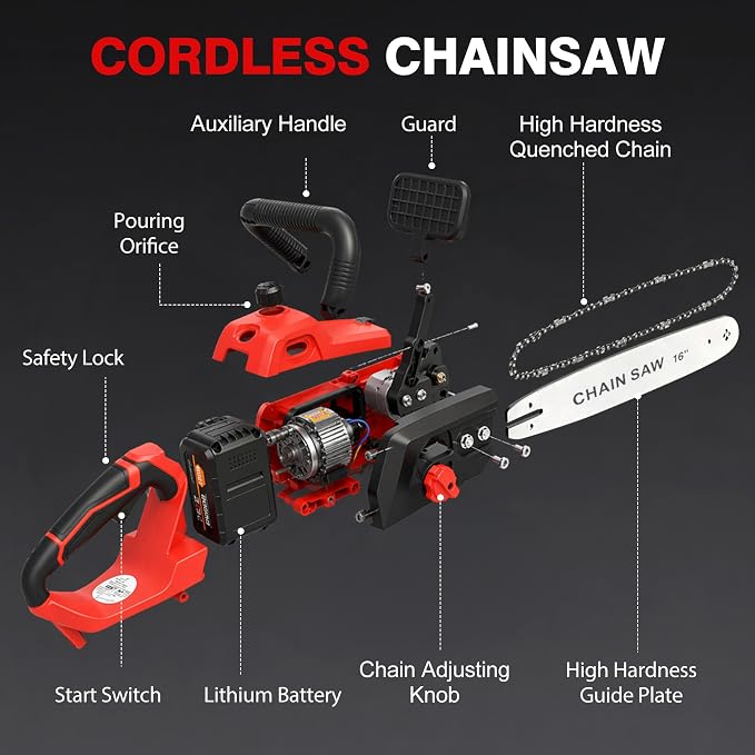 16" Cordless Chainsaw,42V Brushless Electric Chainsaw,6000mAh Battery Powered Handheld Chain Saw,Tool-Free Tensioning,Automatic Oiling for Tree Pruning, Wood Cutting,Yard Work and Outdoor Gardening