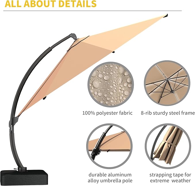 Kingdura 11ft Offset Cantilever Patio Umbrella with Solar Lights, Large Round Outdoor Umbrella with Base Included, Aluminum Frame, 360° Rotation & Infinite Tilt for Deck Pool Backyard, Champagne