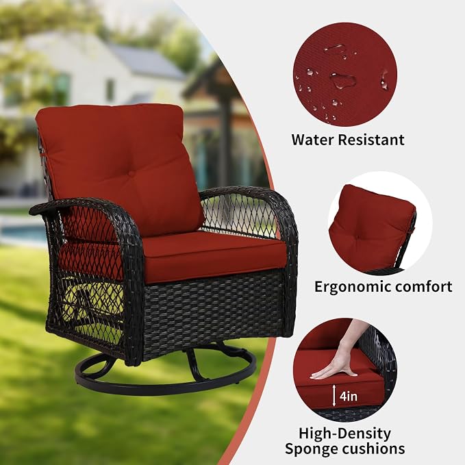 SHGJ&SOFT 3 Piece Patio Furniture Set, 2 Outdoor Swivel Rocking Chairs with Side Table, Wicker Glider Chairs, All-Weather Rattan Bistro Set for Porch, Deck, Pool (Red, Brown Open-Weave Rattan)