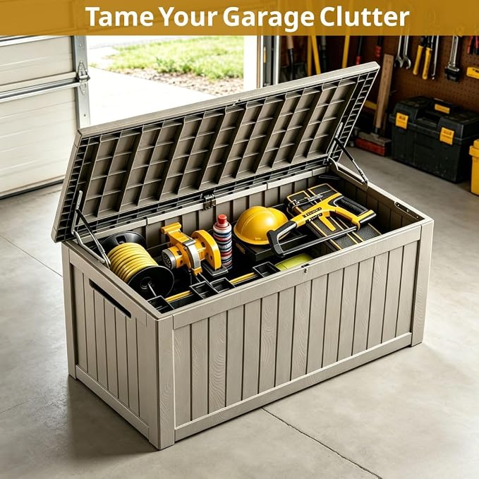 270 Gallon Outdoor Storage Box, Waterproof Resin Deck Container with Lockable Lid, Patio Organizer for Cushions & Garden Tools, Slate Grey