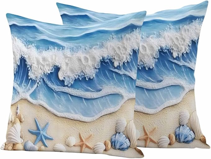 Summer Beach Outdoor Waterproof Throw Pillow Covers Set of 2, 26"x26", Seashell Starfish Nautical Coastal Decorative Pillow Covers Outside Cushion Case for Patio Porch Garden