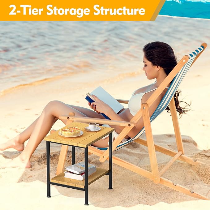 NANANARDOSO 2 Tier Outdoor Side Table with Storage, Adirondack Square Weatherproof End Table for Patio, Garden, Backyard, Porch, Deck, Balcony, Poolside-Brown