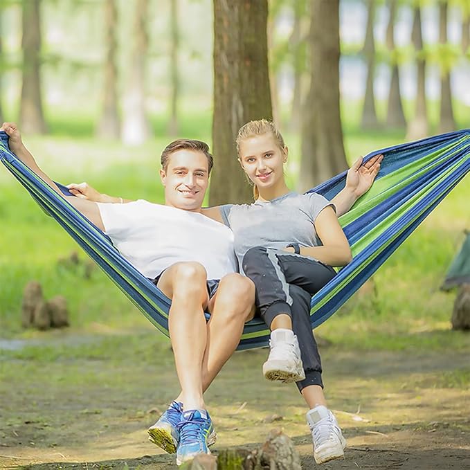 YARNOW Double Thick Canvas Hammock Swing for Two, 280x150cm Blue, Outdoor Camping Hanging Sleeping Bed with Two Bind Ropes and Storage Bag, Patio Backyard Relaxation Gear