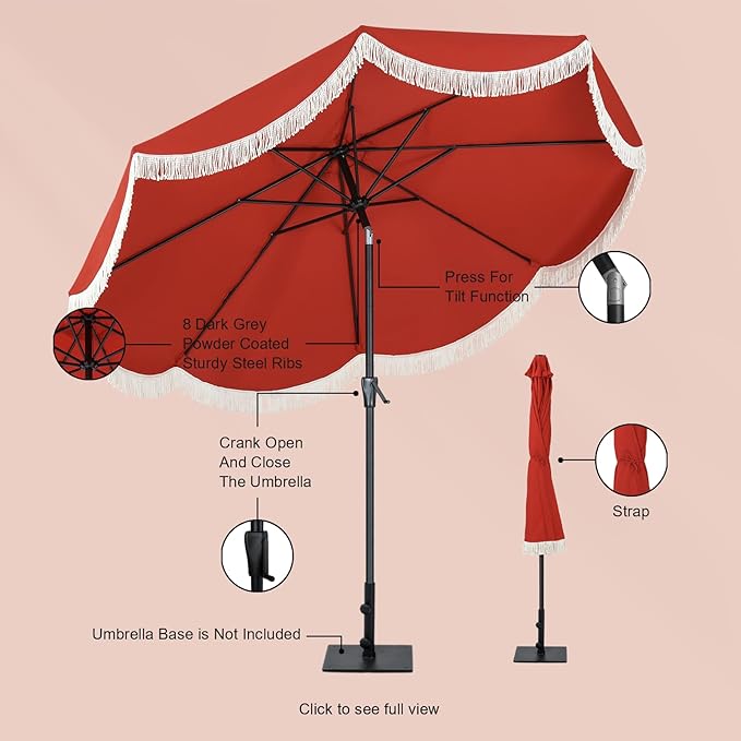 Tempera 9ft Red Scalloped Patio Umbrella with Fringe,UV Protection Fade Resistant Canopy, 8 Sturdy Ribs, Outdoor Table Umbrella with Crank Tilt for Lawn, Pool, Deck, Balcony