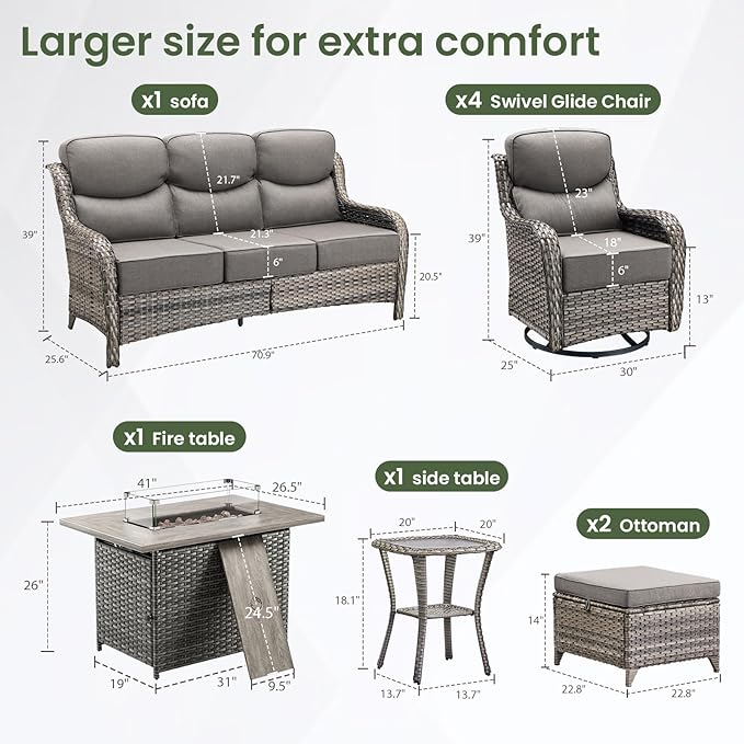 Luxury Patio Furniture Set with 6-inch Thick Cushion, Outdoor Furniture with Fire Pit Table, Swivel Chairs, Sofa, Side Table, Ottomans, 9pcs Wicker Conversation Set Grey Wicker | Grey Cushions