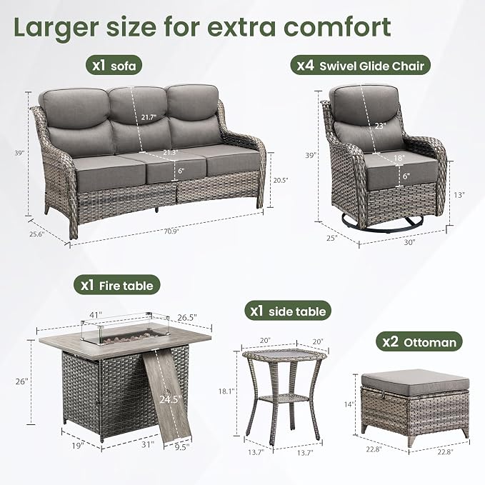 Luxury Patio Furniture Set with 6-inch Thick Cushion, Outdoor Furniture with Fire Pit Table, Swivel Chairs, Sofa, Side Table, Ottomans, 9pcs Wicker Conversation Set(Grey Wicker/Grey Cushion)