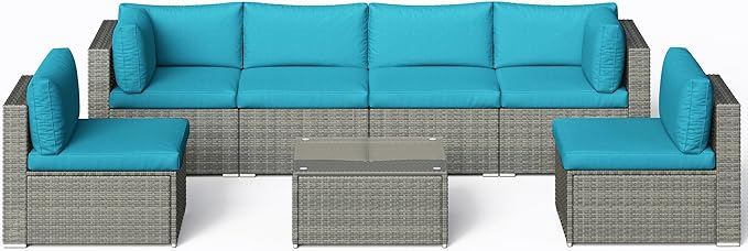 RoyalCraft 7-Piece Modular Patio Furniture Set, Wicker Outdoor Sectional Sofa with Cushions and Coffee Table, All Weather Patio Conversation Sets for Porch Balcony Backyard, Light Blue