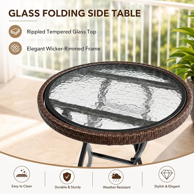 Outdoor Side Table, Round Rattan Patio Side Table with Tempered Glass Top, Foldable Wicker Accent Table for Garden, Balcony, Porch, Deck, Poolside & Indoor Use, Brown, 18.9" Diameter
