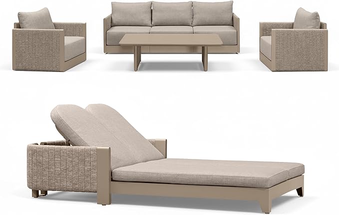PURPLE LEAF Patio Furniture Set with 2-Person Chaise Lounge 7 Pieces Outdoor Conversation Sets Patio Sofa with Cushions and Table Manual Weaving Deep Seating Furniture for Porch Lawn Beige