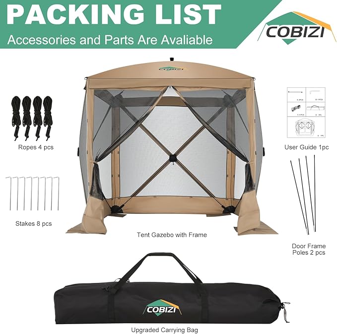 COBIZI 6x6 FT Pop up Gazebo, Popup Canopy Tent, Screened in Gazebos, Waterproof Portable Outdoor Small Screen Tents Sun Shelter,carpas para Patio for Camping, Garden and Backyard,Khaki