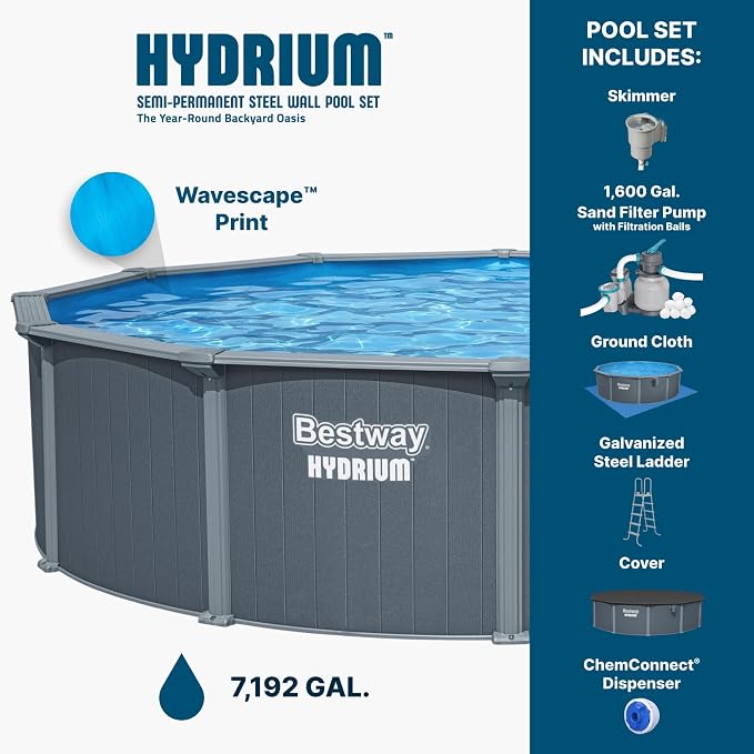Bestway Hydrium 18' x 52" Above Ground Pool, Round Steel Side Wall Frame Outdoor Swimming Pool Set with Sand Filter Pump, Polysphere Filtration Balls, Ladder & Accessories