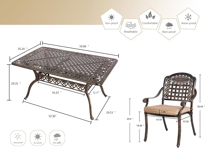 Grepatio 7 Piece Cast Aluminum Patio Dining Set, Outdoor Dining Furniture Set, Patio Table with Umbrella Hole and 6 Dining Chairs with 6 Cushions for Poolside Garden (Khaki Grid)