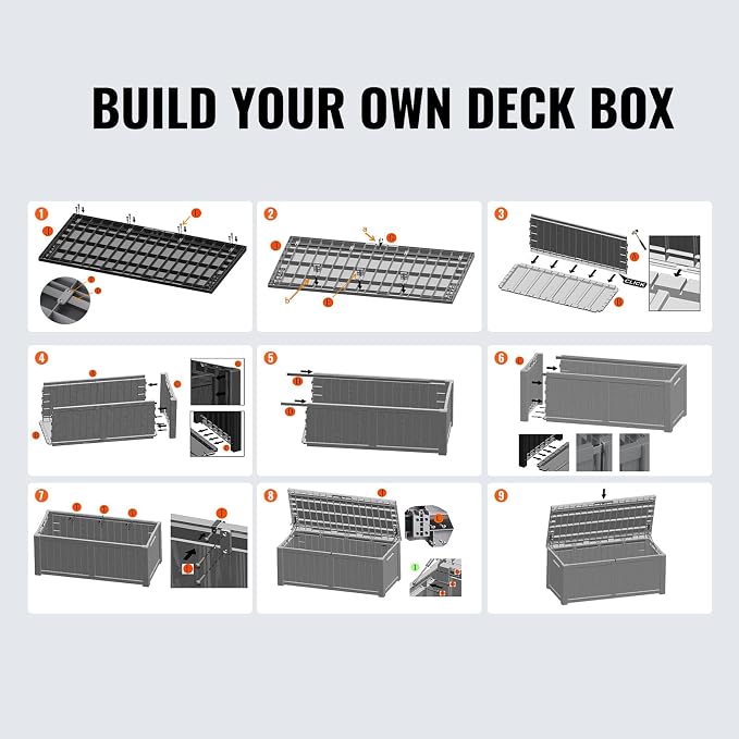 VEVOR Deck Box, 120 Gallon Outdoor Storage Box, 56.3" x 26.6" x 23.8", Waterproof PP Deckbox with Aluminum Alloy Padlock, for Patio Furniture,Garden Tools, Outdoor Cushions, Gray