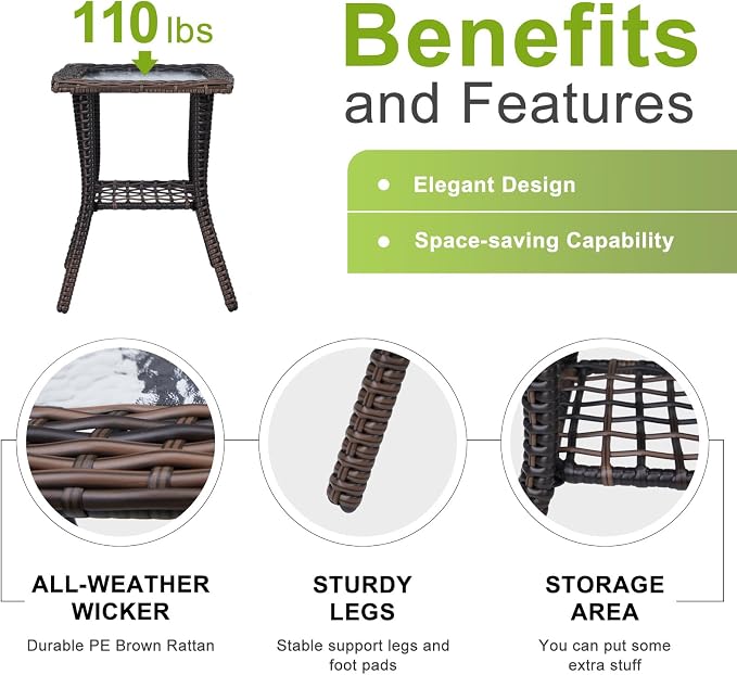Outvita Rattan Outdoor Side Table with Glass Top & Storage Shelf | Small patio end coffee table, versatile furniture for porch, backyard, balcony and indoor living room
