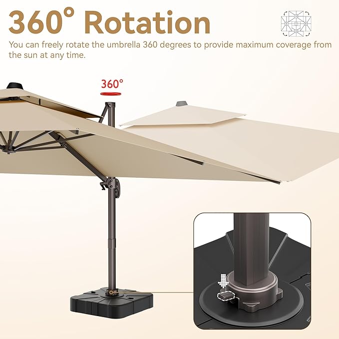 9x12 FT Patio Umbrella with base, Large Cantilever Rectangular Double Top Heavy Duty Offset Umbrellas with 360° Rotation, Outdoor shade for Garden Deck Pool, Tan