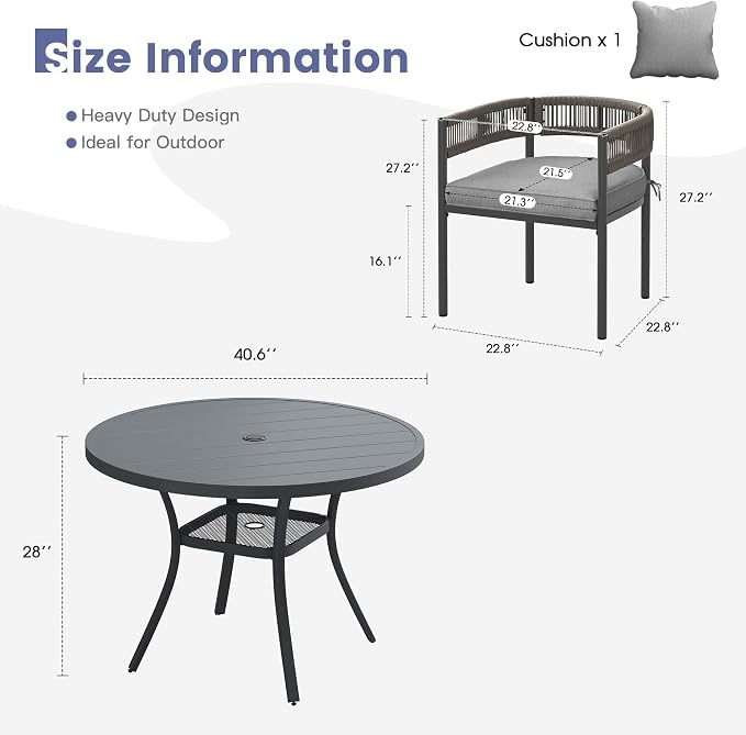 VICLLAX Patio Dining Set, 40.6" Dark Grey Table & 4 Chairs with Grey Cushion