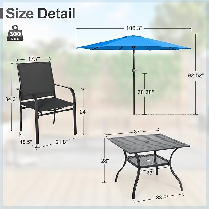 Crownland 5 Piece Patio Dining Set, Textilene Dining Sets, 4 Textilene Metal Chairs and Square Outdoor Dining Table with Sky Blue 9FT Round Outdoor Umbrella (Black)