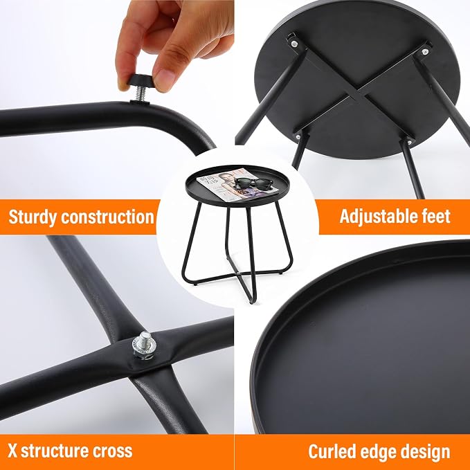 LITA Outdoor Side Table Metal Steel Weather Resistant Round End Table for Patio Balcony Living Room, Small Lightweight Weatherproof Accent Table,Black,Modern