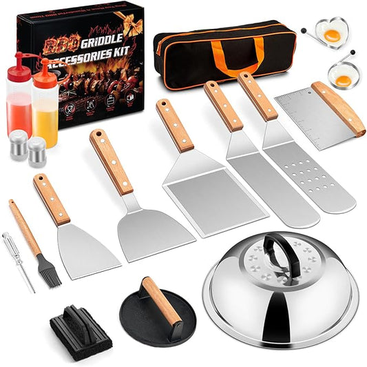 18Pcs Griddle Accessories Kit for Blackstone, Joyfair Flattop Grilling Accessory Set with Smash Burger Press, Stainless Steel Spatula Tools with Basting Cover for Outdoor BBQ Cooking (Wooden Handles)