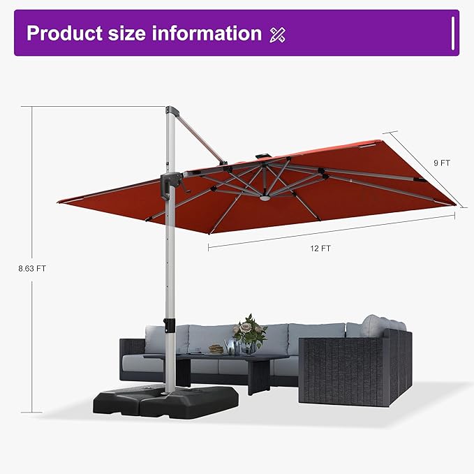 PURPLE LEAF 9' X 12' Patio Umbrella with Lights Outdoor Rectangle Cantilever Umbrella Solar Powered LED with 360-degree Rotation for Garden Deck Pool Patio, Terra