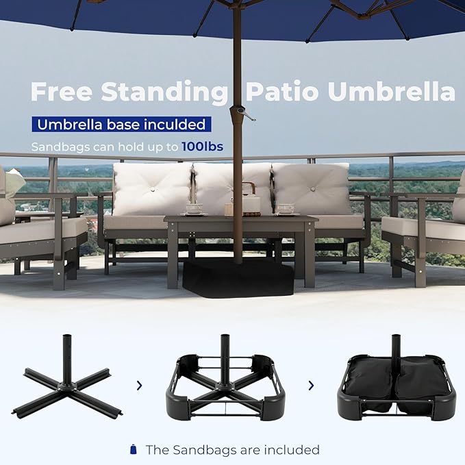 BRIOPAWS 15-FT-Large-Patio-Umbrella-with-Base | Double-Sided | Outdoor Table Umbrellas | w/Crank Handle | 12 Sturdy Fiberglass Rib | UV-Protection | for Garden Deck Backyard Pool | Navy Blue