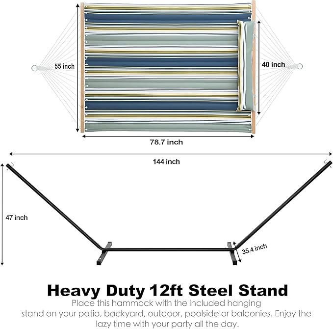 2 Person Hammock with Stand for Outside, Heavy Duty Steel Stand, Double 55inch Hammocks, Large Removable Pillow, Storage Bags, Max 475 lbs Capacity (Ridge Olive Green)