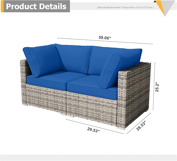 Weaxty 2 Pieces Patio Furniture Sets Corner Seats, Wicker Outdoor Sectional Sofa with Thicken Cushion, Patio Conversation Couch Set for Porch, Balcony,Yard, Poolside, Navy Blue