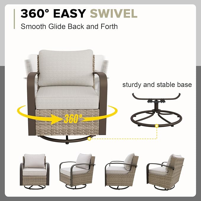 COOS BAY Aurora Terrace 7 Piece Outdoor Sectional Furniture Set, Half Moon Rattan Wicker Conversation Set with Swivel Chairs, 5 Seat Sofa, Coffee & Side Table for Patio Garden Yard, Beige/Beige