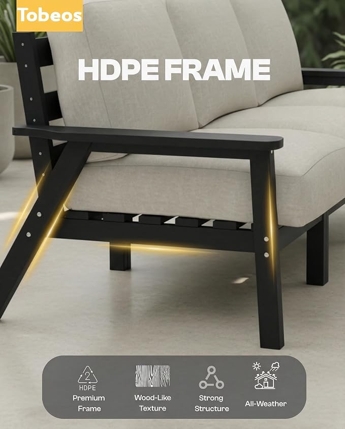 HDPE Patio Furniture Set 5 Seats with Cantilever Umbrella, Outdoor Couch with Washable Thick Beige Cushions & Tables, Outdoor Sectional Furniture for Deck, Lawn, Porch (Black Frame)