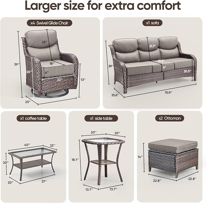 Swivel Patio Chairs sofa Set of 9 with 6" Thick Cushion - Wicker Outdoor Swivel Rocker Patio Chair ,Sofa/Glass coffee table, High Back Comfortable Outdoor Glider Chairs -Brown Wicker | Gery Cushions